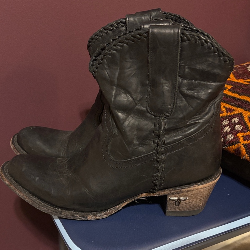 Women's Black Leather Western Ankle Boots with Braided Trim